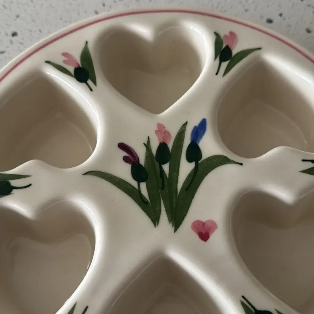 CLAY DESIGN VINTAGE 90s Pottery Hearts Cupcake Pan Hand Painted Irises EUC
